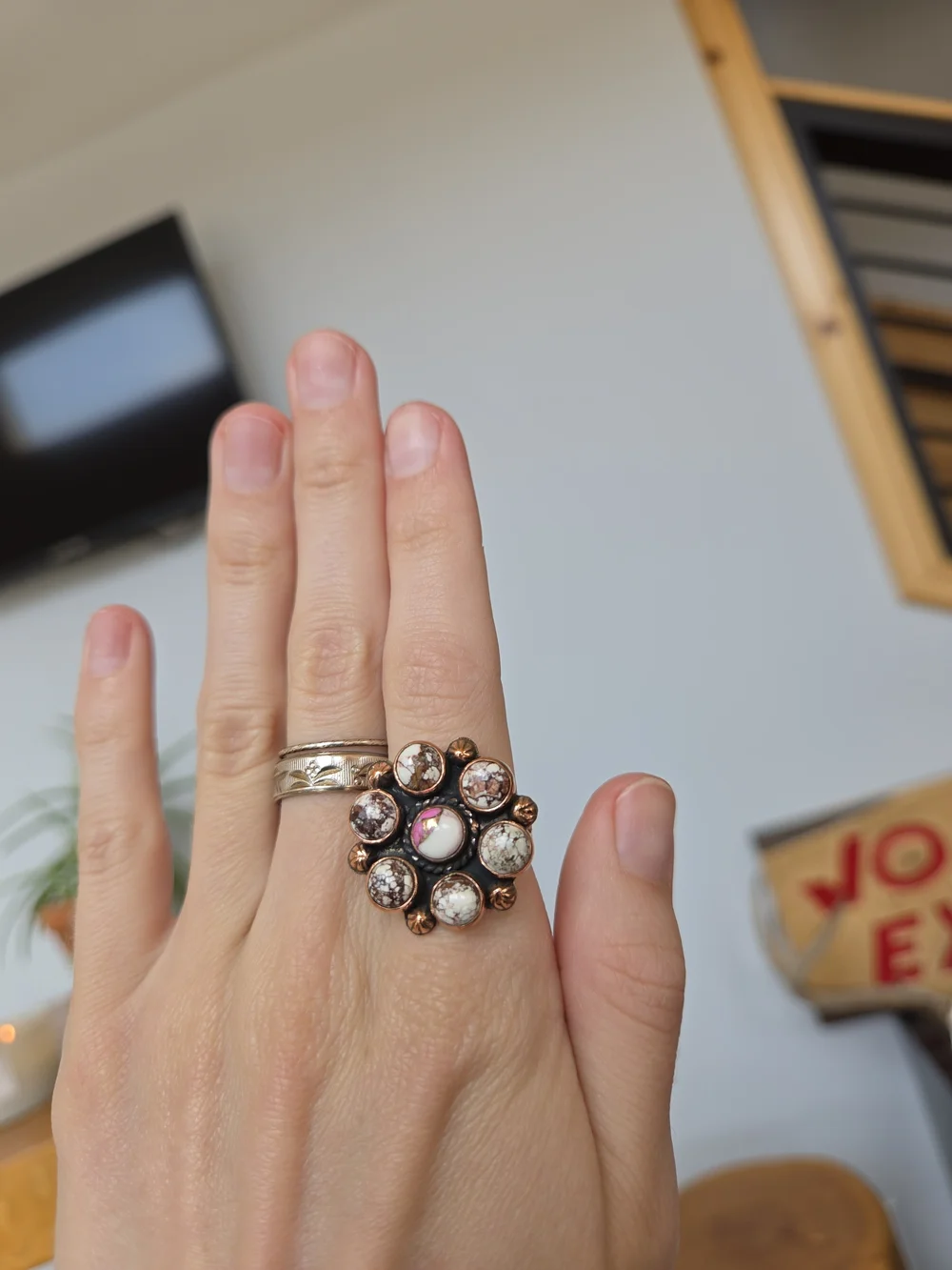 Wild Horse Turquoise Cluster Copper Ring 77